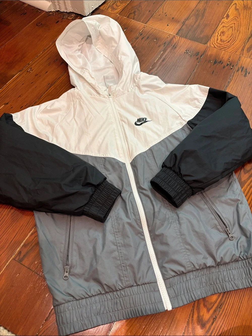 Nike Kids White, Gray & Black Hooded Windbreaker Jacket